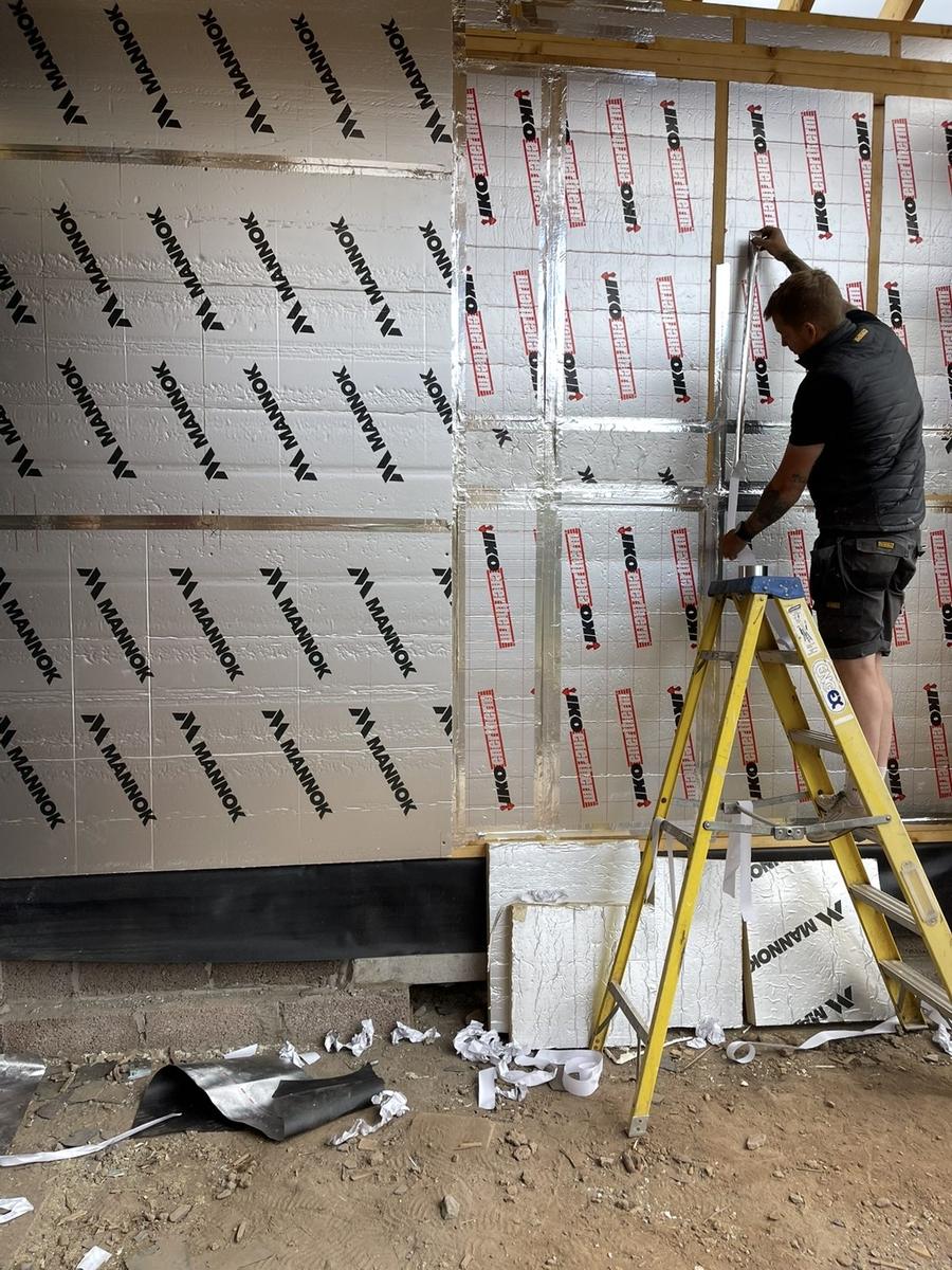 Insulation boards fitted and taped on the extension walls, The Grange